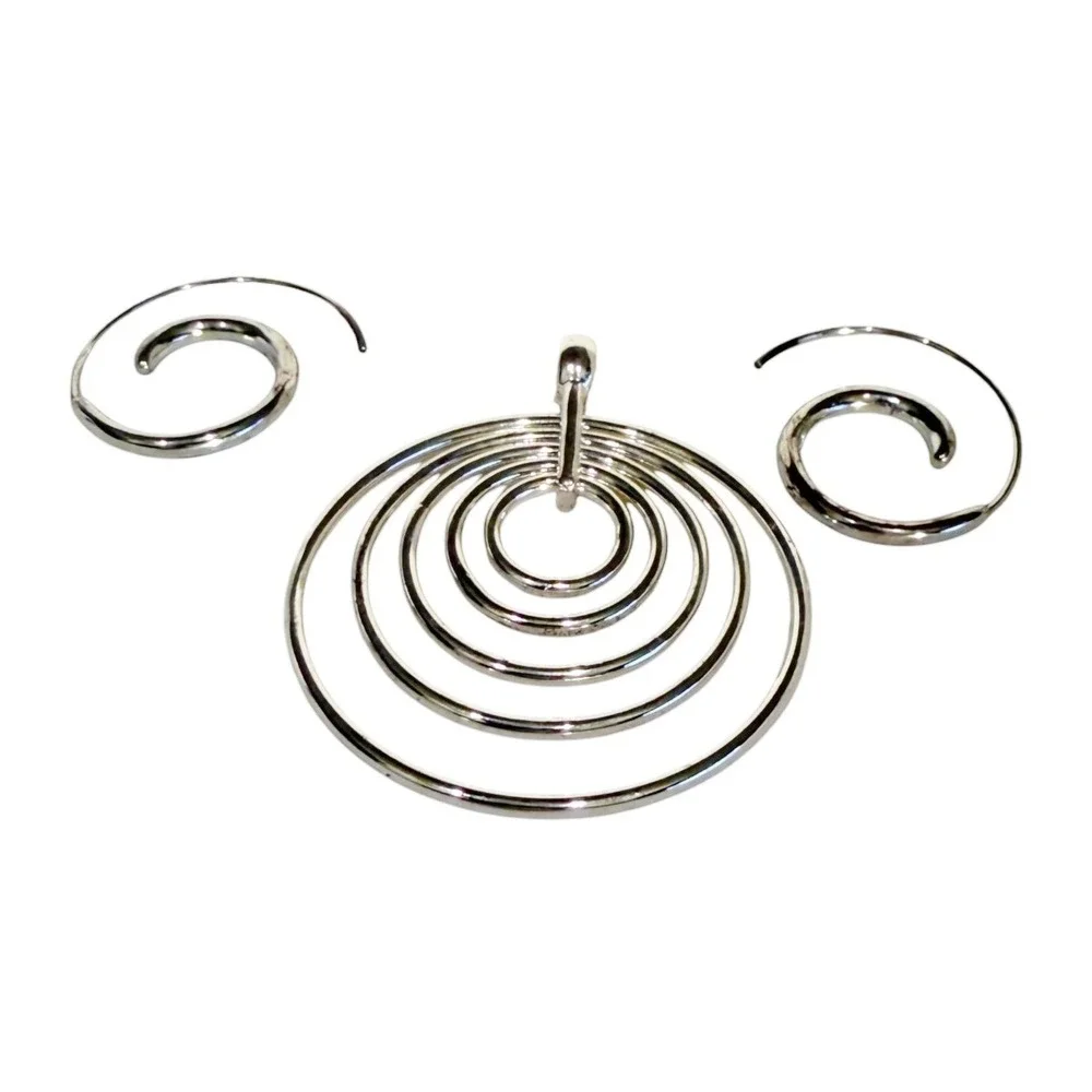 VTG Modernist Spiral Jewelry Set Silver Tone Pendant Earrings Geometric Wire Art